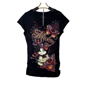 Disney Mickey Mouse Shirt Womens L The One And Only Tattoo Floral Black Vintage